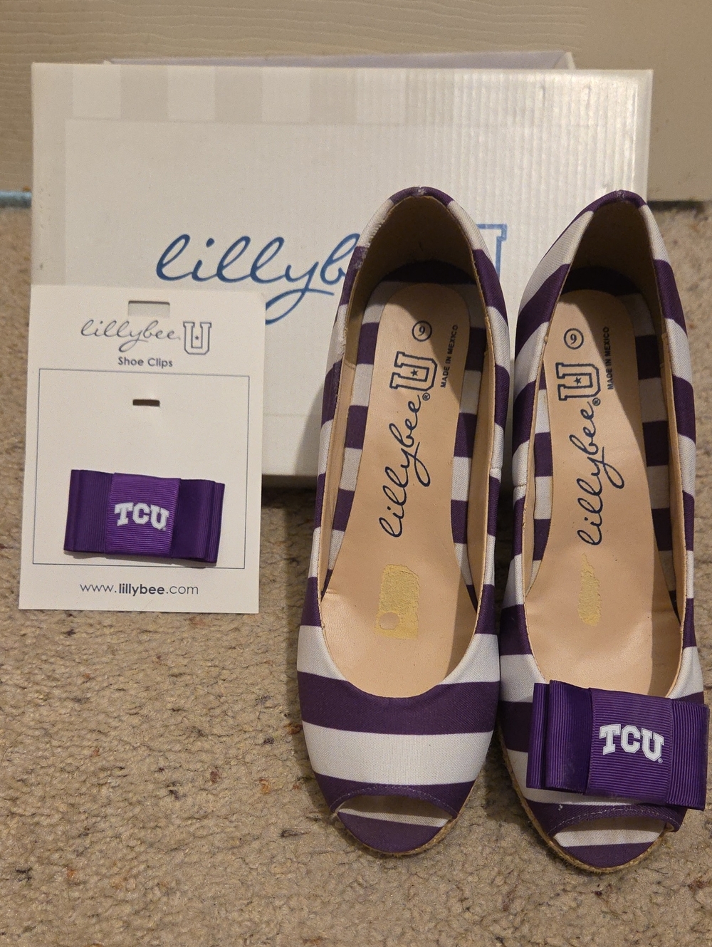 LillyBeeU Purple and White Striped Wedges with TCU Bow